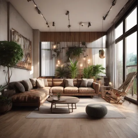 The image is real, Interior Design, Living Room, Airbnb apartment, Rustic style, small sofa, sofa table, window blinds, Movie Projector on the Wall, Indoor Plants, balcony, Standing Mirror, Lazy Sofa, ceiling light , Standing Lights, Painting, Wooden Floor...