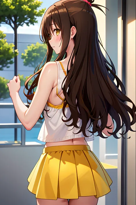 yuuki mikan, brown hair, yellow eyes, hair ornaments, long hair, topknot, wavy hair, small breasts, from behind, expose back, mi...