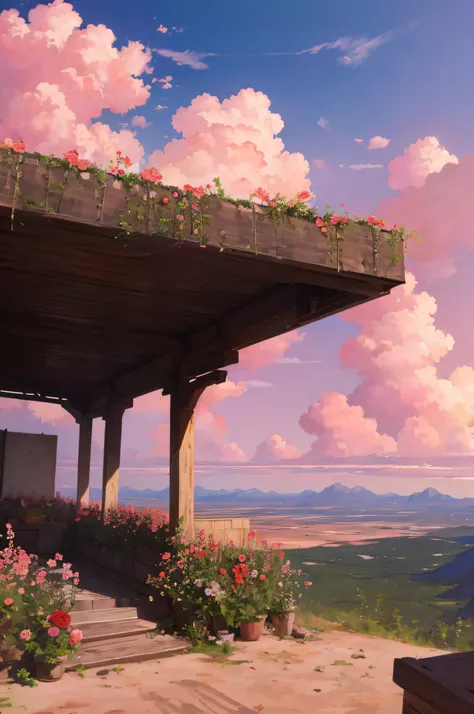 夏天，A desert，Pink clouds，A land overgrown with roses，james gurney，photo of landscape，Pure scenery，Art station rendering，Ultra-wide lens，High- sharpness