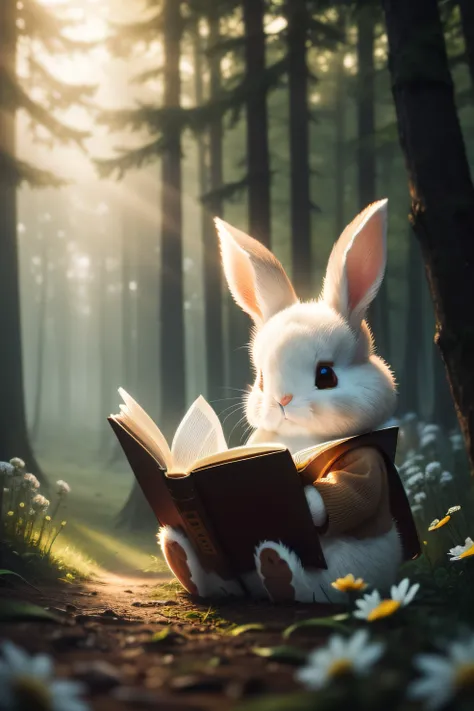 close-up photo of little bunny sitting reading a book，ln the forest，clean backdrop，depth of fields，largeaperture，photography of，...