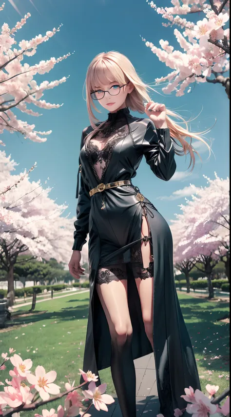 （Long blonde hair+Small pink flowers:1.3+Big red and blue eyes+Heterochromia+gold-wire glasses:1.2+Intellectual beauty:1.1)，under a sakura tree，Sideslit，lace legwear