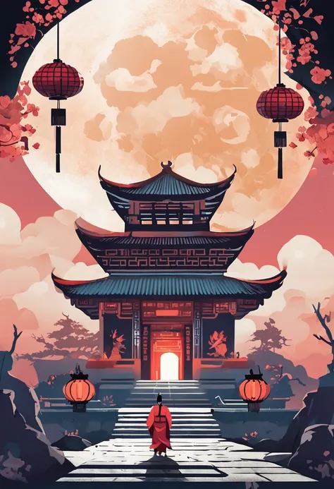 the night ，themoon ，game scenes，Ancient Chinese palaces are located above the clouds，surrounded by cloud，Homem-Imponente，glazed tiles，BUDDHA STATUE，lanterns，gorgeous color，In the foreground are long stone steps and archway gates((Color ink)),( (splash ink ...