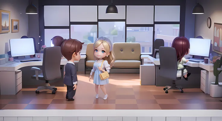 delicated face，The expression is beautiful and cute，.。.。.。.3D Pixar animation style，tmasterpiece， best qualityer, ultra - detailed, Lori blonde girl, Long dress with a big smile, full bodyesbian,  moderno, Modern accessories, ，Office scene，overtime，inside ...