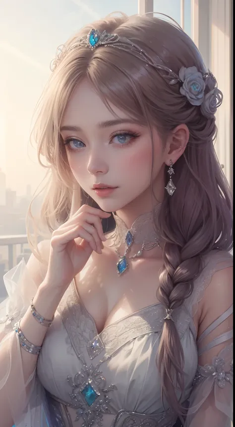 tmasterpiece，Highest high resolution，A bust of a beautiful royal maiden，Delicate braided hair，Coiled hair，Shining clear eyes，The hair is covered with beautiful and delicate floral craftsmanship, crystal、Diamond jewelry filigree，Ultra-detailed details，upsca...