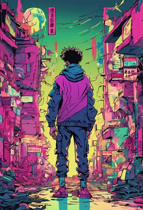 Generate a series of images that represent a graffiti-style anime theme, incorporando elementos como jujutsu kaisen. Use a neon color palette to convey a sense of technology. Create 4 variations.