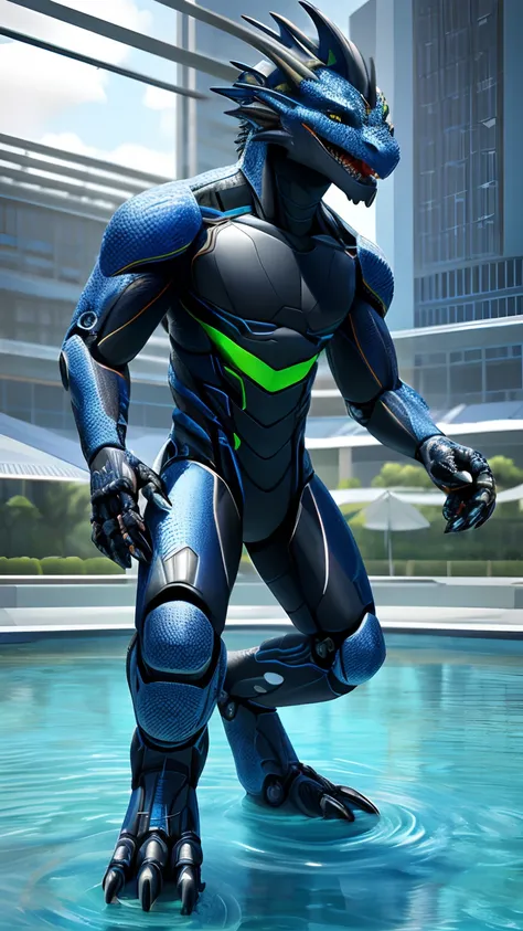 Bionic robot dragon，male，Android，nakeness，stands in a pool of water，HD graphics，Detailed and realistic，high detal，high qulity，photo-realistic，photorealistic eye，Detailed paws，Clear eyes，Masterpiece artwork，Five-fingered hands