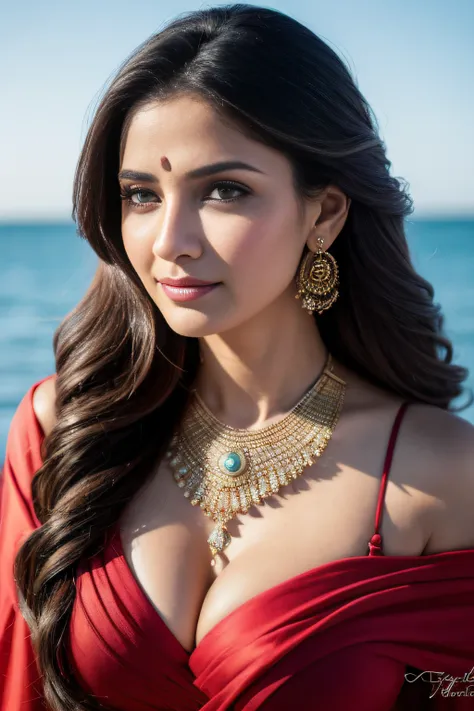 Portrait of A confident-looking indian woman with long flowing hair, hazel eyes, with colourful flowing silk cape, wearing designer jewellery, visible c-cup breast sitting on boat, ocean background, bokeh perfect composition, hyperrealistic, super detailed...