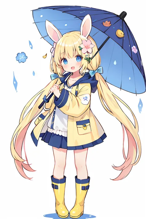 1girl,rainbow,raincoat,yellow raincoat,rubber boots,hydrangea,flower,long hair,twintails,boots,blush,umbrella,open mouth,hair ornament,white background,hood,solo,teruterubouzu,very long hair,hood up,long sleeves,low twintails,bow,bangs,smile,animal hood,bl...