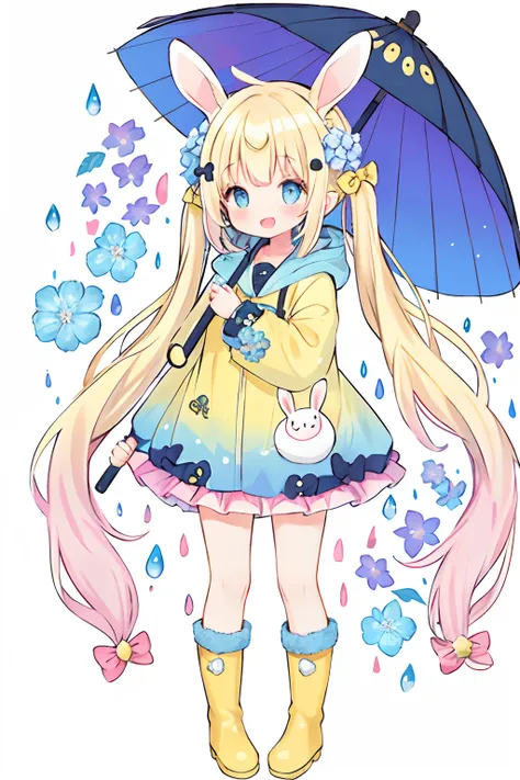 1girl,rainbow,raincoat,yellow raincoat,rubber boots,hydrangea,flower,long hair,twintails,boots,blush,umbrella,open mouth,hair ornament,white background,hood,solo,teruterubouzu,very long hair,hood up,long sleeves,low twintails,bow,bangs,smile,animal hood,bl...