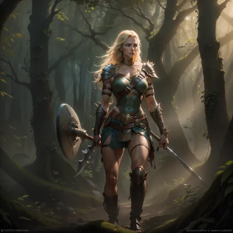 (Photorealistic:1.2), (8K Resolution), (Best Quality), (Masterpiece), full body portrait of a stunning a Female Amazon warrior with flowing blonde hair, flawless muscular physique wearing minimal leather straps and armor, holding a large battle axe poised ...