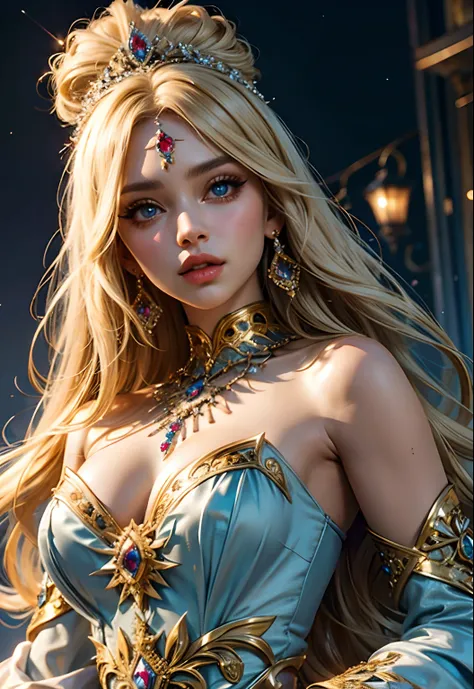 European Princess blonde hair jewlery super detailed face hyper realistic centerpiece brilliant crystal eyes hyper realistic super detailed full outfit Islamic covers the whole body