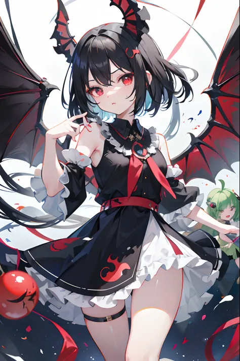 vtuber，Black color hair，Idol girl，Monsters are anthropomorphic，Four small white wings，Heterochromic pupils，Maniac，Shower skirt，Anime girl with wings and red oriental style bubble skirt holding green caterpillar,touhou character，small curvaceous loli，，Exagg...