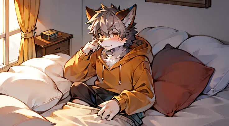 furry, anrtho fox boy, male kemono, gray fur, clothed, orange hoodie, pillows, bedroom, solo