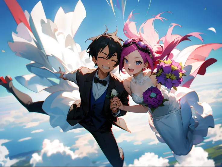 (masutepiece: 1.3, Best Quality, High resolution), (Skydiving with the bride and groom: 1.5), (Tandem jump: 1.5), Holding hands, Bride in wedding dress flying in clouds, Bouquet in hand, (goggles:1.2), Clouds , fly, Fun, Smile, Shout, Big jump, Fall, Tuxed...