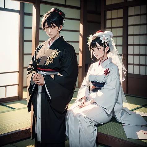 ((Wedding in a classic kimono of the Japan、Men wear hakama with black crests、The woman wears a plain white cotton hat on her head, white tabi socks, a solid white kimono with vermilion borders, and a solid white obi.、a couple)):1.9、Highly detailed backgrou...