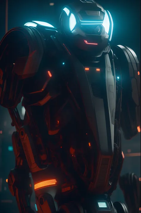 de forma futurista, ambiente mal iluminado, A robot inspired by giant iron animation and futuristic cyberpunk style, occupies a close-up close, one-third framing, Illuminated by vibrant neon lights that contrast with the ambient darkness. Renderizado no Un...