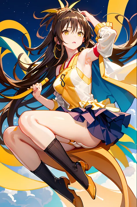 yuuki mikan, brown hair, yellow eyes, hair ornaments, long hair, topknot, wavy hair, medium breast, (), (presenting armpit), (detached sleeves), Knee High Sock