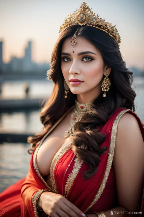 Portrait of A confident-looking indian woman with long flowing hair, hazel eyes, with flowing cape, wearing designer jewellery, a crown on head, visible c-cup breast sitting on boat, palace background, bokeh perfect composition, hyperrealistic, super detai...