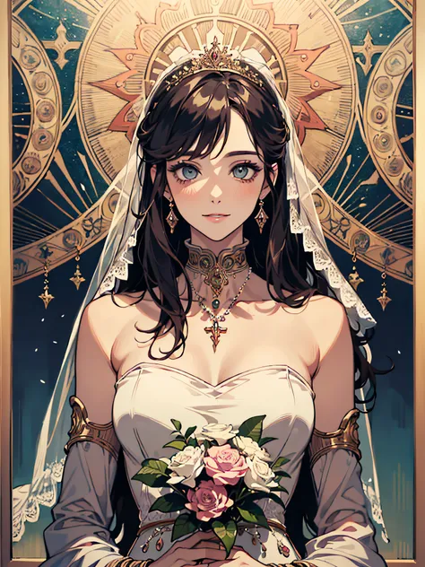 masterpiece, (absurdres, highres, ultra detailed), 1 young man, 1 young woman, wedding, bride, groom, two people, look at each other, smile, finely detailed eyes and detailed face, the lovers tarot, Symbolism, Visual art, Occult, Universal, Vision casting,...