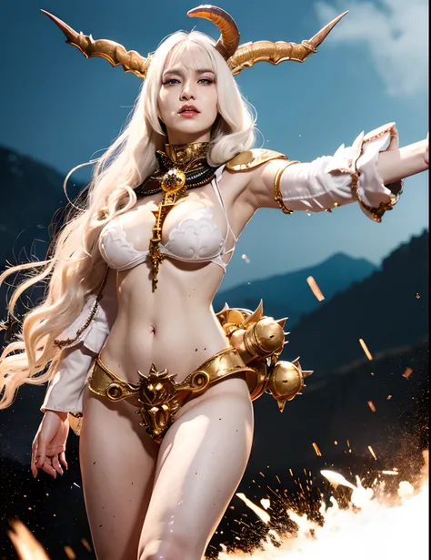 Professional , ​masterpiece、top-quality、photos realistic , depth of fields 、（White Gemstone Body:1.９),(Matte White、（cleavage of the breast）、Jewel Gold Weapon、Particles of light、Gemstone Body White:1.４),Gorgeous gold weapons ,（（ Dragon dense and gorgeous dr...