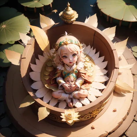 Cute Baby Chibi Anime,(Heavenly daughter:1.8), (lotuses:1.2), (Feather robes:1.3), (Uttara monks vestments:1.4),Sit in a detailed jewelry box,Royal Botanic Gardens