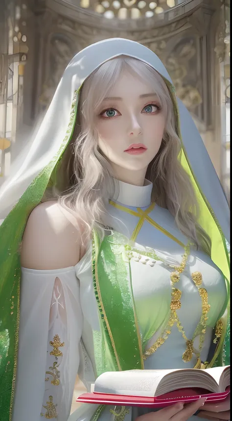 best qualtiy，8K，Best Quality，(detaileds:1.4),A beautiful maiden。Her skin shimmered with a snow-white sheen。Close up portrait of nun holding book on chair,fully body photo，Very detailed，guweiz masterpiece, Guviz-style artwork, a stunning young ethereal figu...