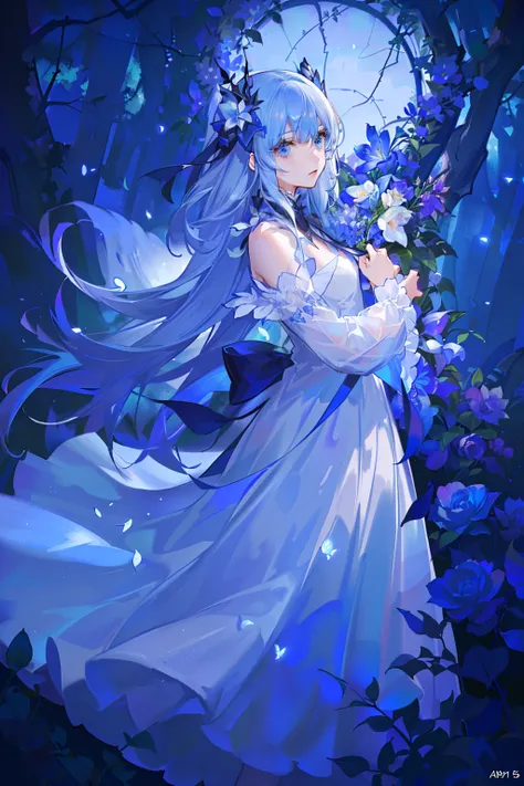 an enchanted forest，Maiden among flowers，Blue flower，the night，Gloomy environment，blue tint，darkly