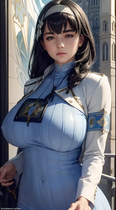 (((beautiful))),mary,blue sweater, white jacket, cropped jacket, long sleeves, open clothes, ribbed sweater, armband, huge breasts,(((shiny skin))), ((intricate details)), hdr, ((intricate details, hyperdetailed)), cinematic shot, walkin in the street, vig...