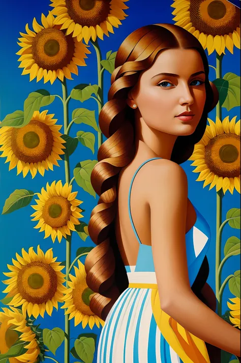 Stylized poster, Russian beauty, in sunflowers, (artist Andrey-Remnev), ((Best Quality, tmasterpiece)), Extreme detailing, 8K