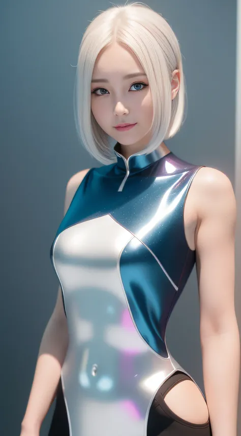 One in a pink dress，White color hair，Woman with straight hair and short hair, 3 D rendering character art 8 K, cyborg - girl with silver hair, beautiful female android!, beautiful female android, perfect android girl, beautiful android woman, smooth digita...