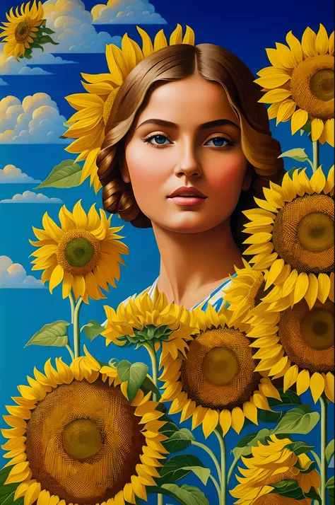 Stylized poster, Russian beauty, in sunflowers, (artist Andrey-Remnev), ((Best Quality, tmasterpiece)), Extreme detailing, 8K