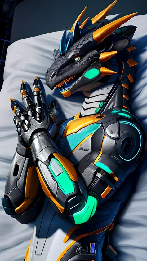 Bionic robot dragon，male，Android，Black panty，whitestocking，Lie down in bed，HD graphics，Detailed and realistic，high detal，high qulity，photo-realistic，photorealistic eye，Detailed paws，Clear eyes，Masterpiece artwork，Five-fingered hands