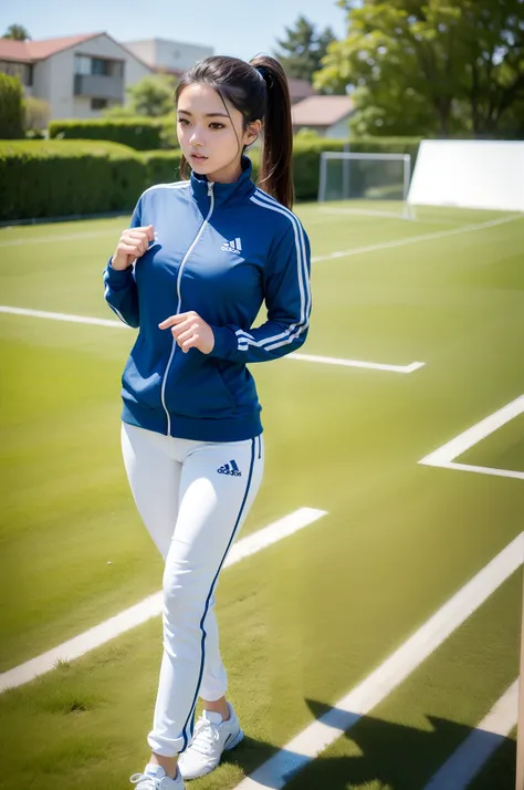 1 very beautiful beautiful high school student，wear blue and white tracksuits，play with the ball on the grass of the football fi...