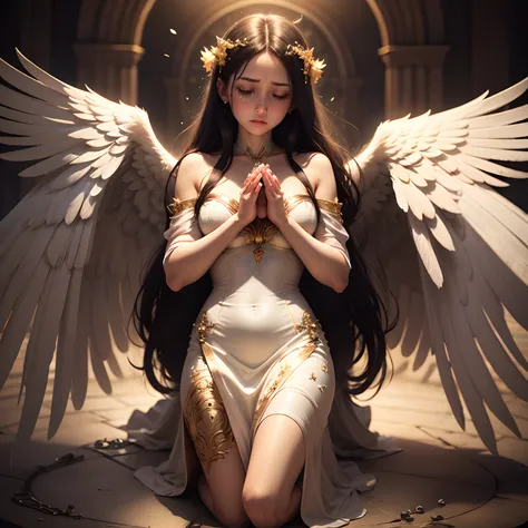 angel praying, ultra high definition, stylish beautiful girl, divine, 8K, shining figure, shedding large tears, circle of angels, sad, advent