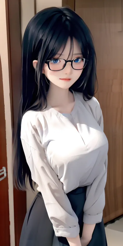 eBlue eyes, Flowing black hair, a white long skirt, Wear gold-rimmed glasses, Raised sexy:1.2, The shirt, with dynamism, cheerful big breasts, self-assured, Large chest，Protruding chest