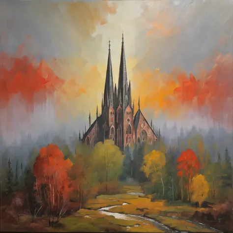 A huge tall Gothic cathedral made of red brick on a high hill in a coniferous forest, Hilly terrain, kali, flowing next to the cathedral, Large cloudiness, Fog in the lowlands above the river, jour, high picture quality, High-definition image, max detail.