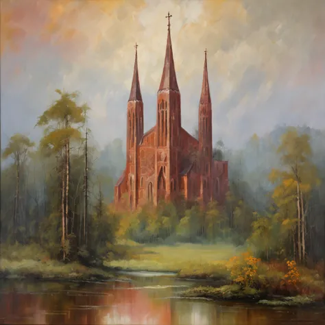 A huge tall Gothic cathedral made of red brick on a high hill in a coniferous forest, Hilly terrain, kali, flowing next to the cathedral, Large cloudiness, Fog in the lowlands above the river, jour, high picture quality, High-definition image, max detail.