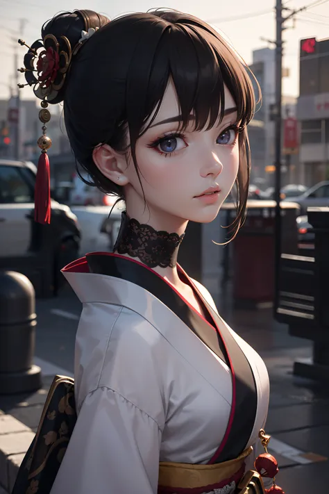 Cinematic still, A cyberpunk - style japanese wonder-geisha opera porcelain female character, an elegant AI goddess, with the traditional japanese opera facial makeup, looking straight ahead, realistically rendered, centered composition, graceful and charm...