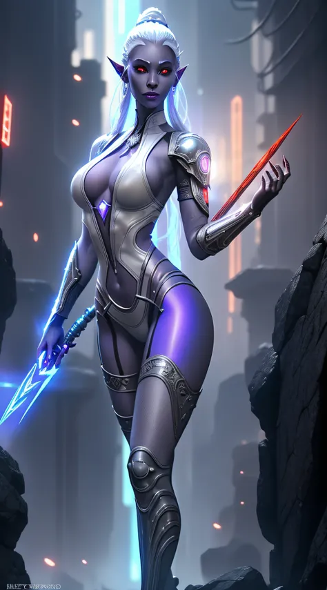 1girl, sexy drow, dark purple-blue skin, pale silver hair bun, ((red eyes)), elf ears, wears ((white sexy cyberpunk sorceress bodysuit)), high heels, wields ((cyberpunk staff)), casts ((light magic)), posing on a busy cyberpunk streer, athletic, volumetric...