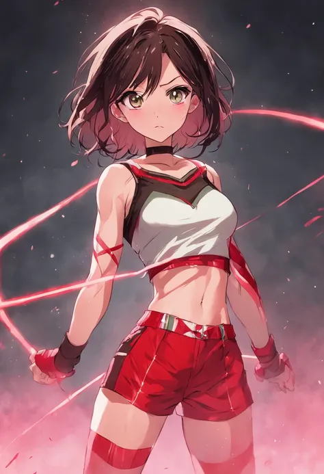 sexy beautiful female superheroine . dark brown hair green eyes wears a white midriff top with a red stripe on the center and an opening on the chest . Wears red shorts that in white in the center, with the addition of fishnet stockings. Wears black boots ...