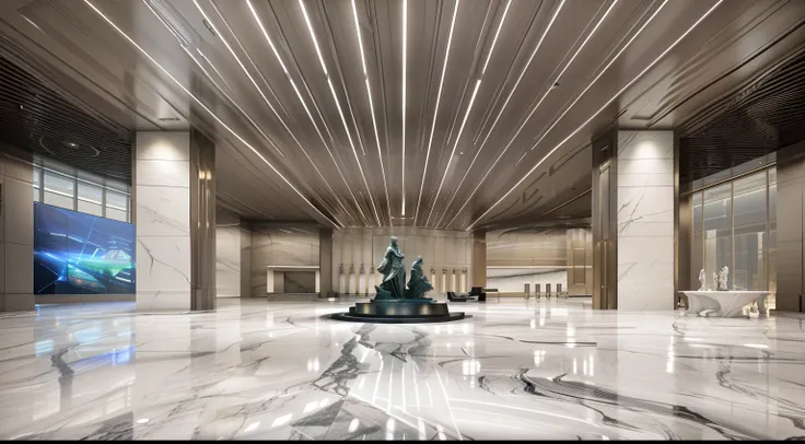 In the building with statues there is a large marble floor, futuristic hall, well lit 3 d render, CG rendering, rendered in enscape, building rendering, RTX rendering, excellent 3d render, architectural 3 d render, exhibition hall lighting, professional 3d...