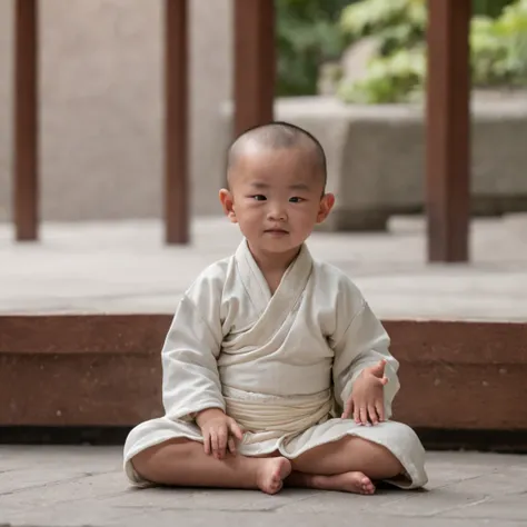 A 5-year-old Chinese monk，wearing long white togas，Pray with your hands in front of your stomach，sit with legs crossed，With a smile，largeeyes，staring right into camera，in a temple，The light from the back window is backlighted，the soft light，anime big breas...