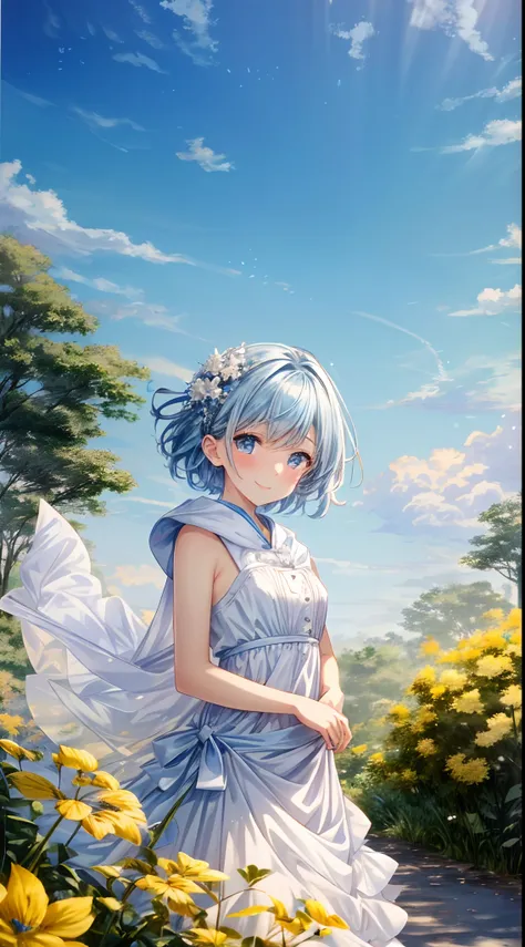 absurderes, hight resolution, (Official art, Beautiful and aesthetic:1.2), best qualtiy、(1womanl:1.8)、(独奏:1.7)、ultra-detailliert,Little Girl,hoods,Blue eyes,White skin,Straight hair,Short hair,kindly smile,Little Girl,Short hair,White skin,Light blue hair,