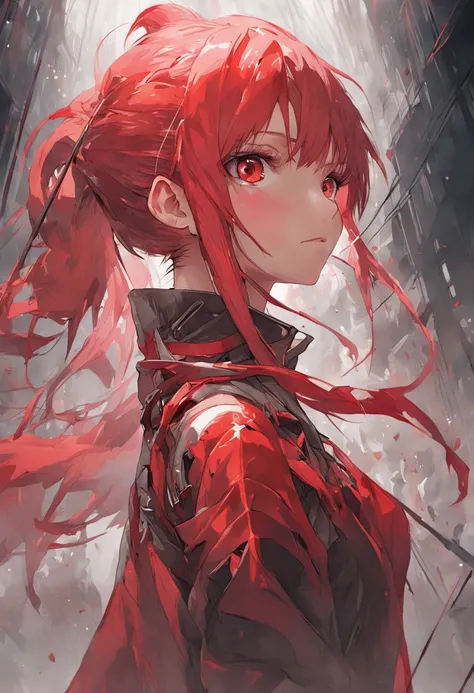 fine Illustration artstyle by Russ Mills, luis Royo, Darek Zabrocki, beautifull woman, ((Sakura Kyoko, Madoka Magica, spear, {red hair, long ponytail})), upper body dynamic posture, soft skin, hyperdetailed eyes, red eyes, hyperrealism, highly detailed, sh...