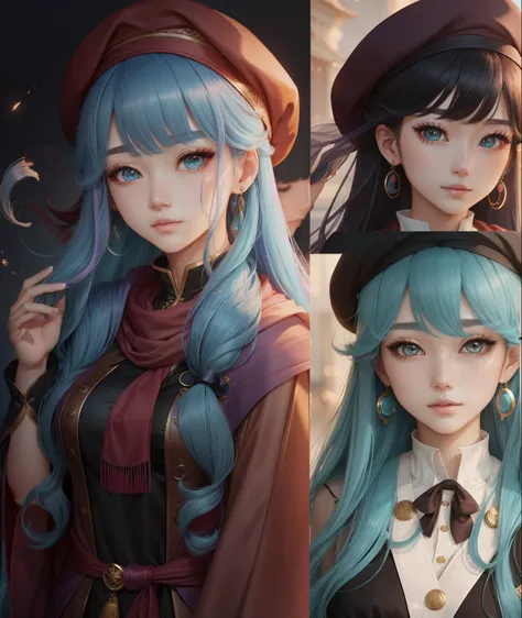 Hair coloring results are obvious、Qi bangs、Long hair shawl、beret、aqua eyes、mole under eyenipple、Makeup、Ring earrings、Cinematic light、Standing drawings of characters、Multiple angles、style of anime、high detal、high qulity。 --auto