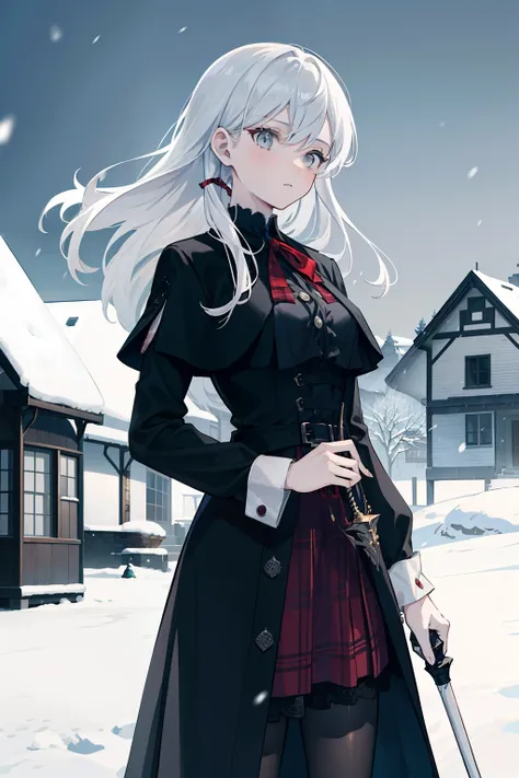 Girl in a black dress of an English aristocracy，On the chest is a red plaid ribbon，He holds a mechanical cane in his hand，white hair and gray eyes，Noble temperament，Stand where it snows，There are no buildings around，Best quality，Exquisite，Super fine illust...