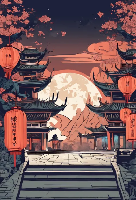 the night ，themoon ，game scenes，Ancient Chinese palaces are located above the clouds，surrounded by cloud，Homem-Imponente，glazed tiles，BUDDHA STATUE，Lanterns，gorgeous color，In the foreground are long stone steps and arches((Color ink)),( (Splash ink ) ), ((...