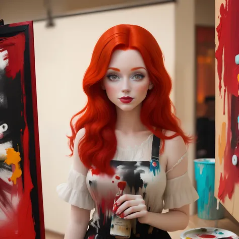 a red-haired woman with a palette of paints in her hand,  estilo disney, cute