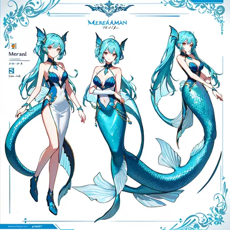 Mermaid diagram with long tail and fish tail,doing an elegant pose, standing elegant pose, full body concept，chromatically