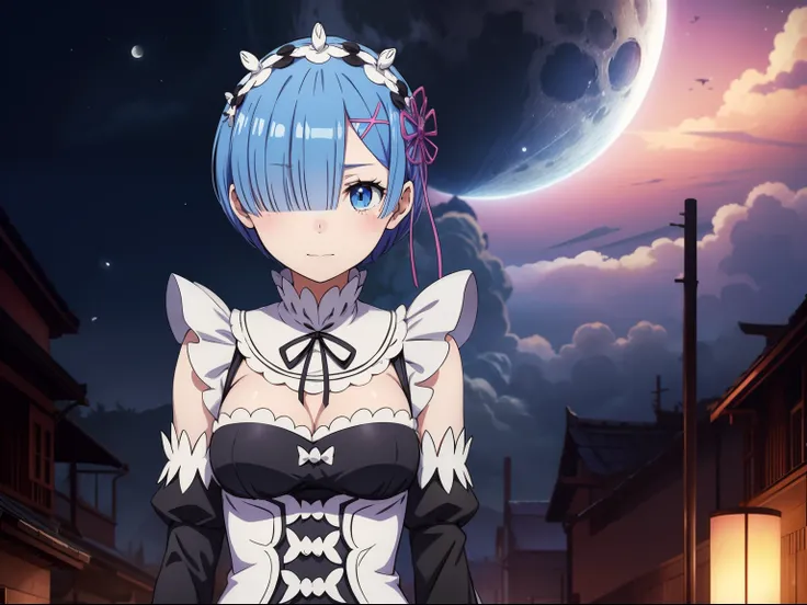 deamon_slayer style, rem(Re:Zero), 1girl, ​masterpiece、top-quality、onimous、a moon、full bodyesbian、